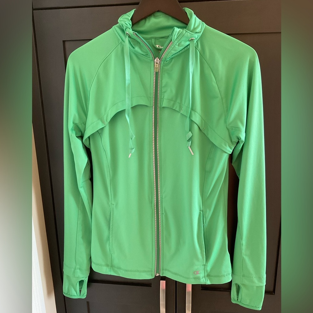 💚🏃♀️ Champion Women Green Full-Zip Jacket Size S Thumbholes Zip Pockets EUC